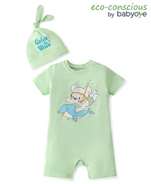 Babyoye 100% Cotton With Eco Jiva Finish Half Sleeves Romper With Teddy & Dolphin Print - Green