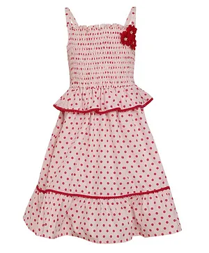 A Little Fable Sleeveless Floral Applique Smocked Detailed Polka Dots Printed Tiered Dress - Red And White