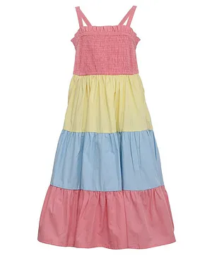A Little Fable Sleeveless Smocked Detailed Colour Blocked Tiered Dress - Multi Colour
