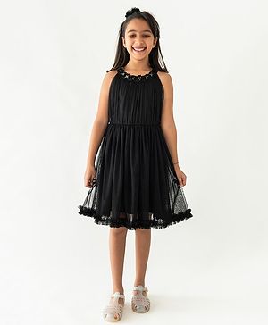 A Little Fable Sleeveless Floral Applique Dress - Black