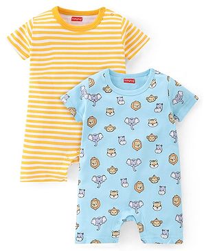 Babyhug 100% Cotton Half Sleeves Romper With Animals Print & Striped Pack Of 2 - Blue & Yellow