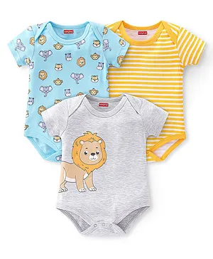 Babyhug 100% Cotton Knit Half Sleeves Onesies Striped & Animal Print Pack of 3 - Blue Yellow & Grey