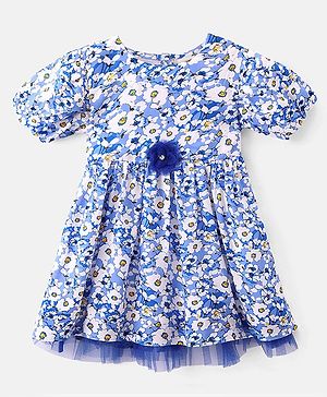 Babyhug Rayon Woven Knit Half Sleeves Frock Floral Print - White & Blue