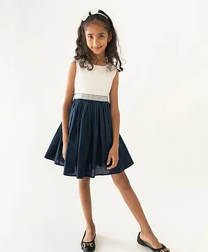 A Little Fable Sleeveless Geometric Designed Lace Embellished Dress - White And Navy Blue