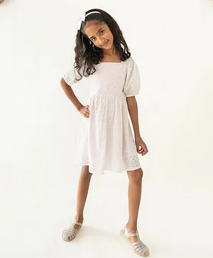 A Little Fable Half Sleeves Schiffli Embroidered Dress - White