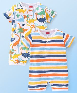 Babyhug 100% Cotton Interlock Knit Half Sleeves Romper Stripes & Dino Print Pack Of 2 - Multicolor