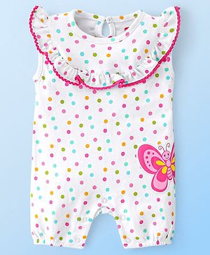 Babyhug 100% Cotton Sleeveless Romper with Frill Detailing & Butterfly Patch - White