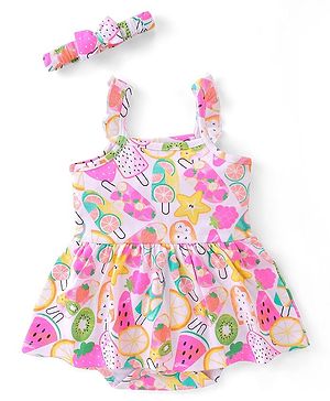 Babyhug 100% Cotton Sleeveless Frock Style Onesies With Beach Theme Print - White