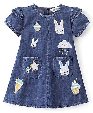 Bonfino 100% Cotton Woven a Line Bunny Embroidery Denim Washed Dress -Indigo