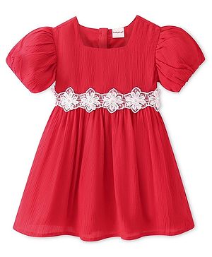 Babyhug Rayon Woven Half Sleeves Frock With Floral Embroidery - Red