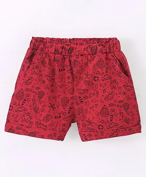 Ollypop Cotton Woven Above Knee Length Shorts with Vehicle Print- Red