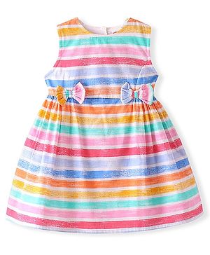 Babyhug Poplin Woven Striped Frock with Bow - Pink Blue & Yellow