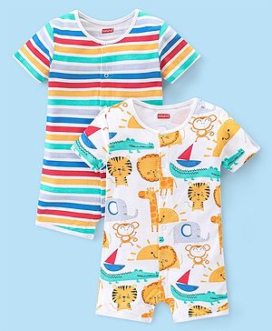 Babyhug 100% Cotton Knit Half Sleeves Romper Striped & Animal Print Pack of 2 - Multicolor