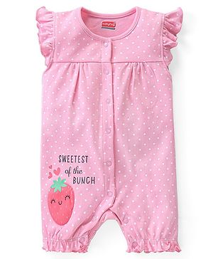 Babyhug 100% Cotton Knit Sleeveless  Romper with Polka Dot & Strawberry Print  -  Pink