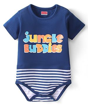 Babyhug 100% Cotton Knit Half Sleeves Onesie Text Print - Navy Blue