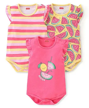 Babyhug 100% Cotton Knit Frill
                              Sleeves Onesies Fruit Print Pack of 3-
                              Multicolor