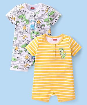 Babyhug 100% Cotton Knit Half Sleeves  Striped  Romper with Dino Print Pack of 2- Multicolor