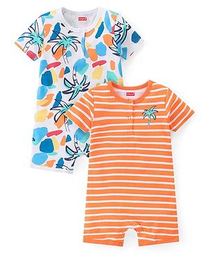Babyhug 100% Cotton Knit Half Sleeves Rompers With Striped & Palms Tree Print Pack Of 2 - White Blue & Orange