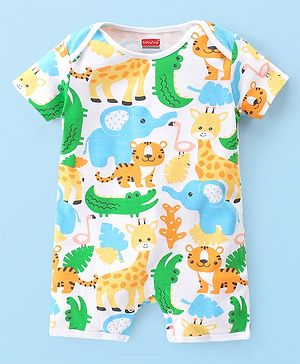 Babyhug 100% Cotton Knit Half Sleeves Romper Animal Print - Multicolor
