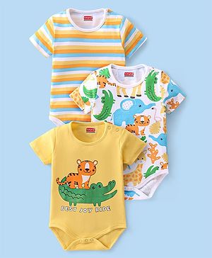 Babyhug 100% Cotton Knit Half Sleeves Onesie With Animal Print Pack of 3 - Multicolor