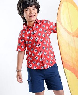 Babyhug Single Jersey Cotton Knit Half Sleeves Trees Printed Shirt & Shorts Set - Red & Blue