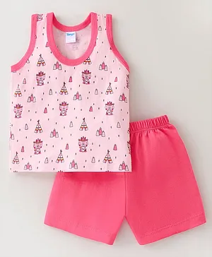 Tango Single Jersey Knit Sleeveless T-Shirt & Shorts With Teddy Print - Pink