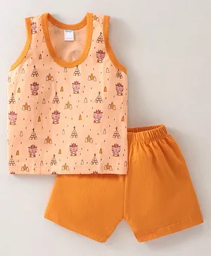 Tango Single Jersey Knit Sleeveless T-Shirt & Shorts With Teddy Print - Peach