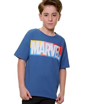 Pine Kids Marvel Cotton Knit Oversized Drop SHoulder Half Sleeves Text Printed T-Shirt - Blue