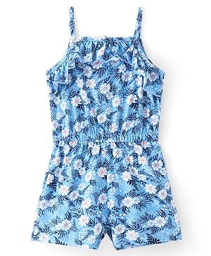 Babyhug 100% Cotton Knit Single Jersey Singlet Sleeve Jumpsuit With Floral Print - Blue