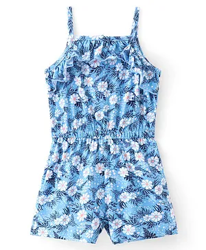 Babyhug 100% Cotton Knit Single Jersey Singlet Sleeve Jumpsuit With Floral Print - Blue