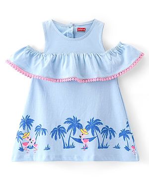 Babyhug Single Jersey Knit Cold Shoulder Frock With Flamingo Print - Blue