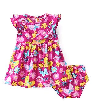 Babyhug Single Jersey Knit Frill Sleeves Frock With Bloomer Floral Print - Pink