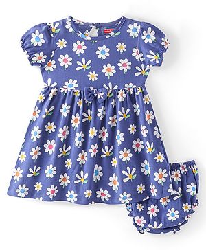Babyhug Single Jersey Knit Half Sleeves Frock with Bloomer & Bow Floral Print - Navy Blue