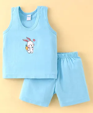 Tango Single Jersey Knit Sleeveless  T-Shirt and Shorts  Set with Bunny Print - Blue
