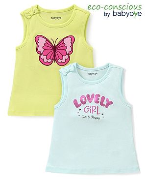 Babyoye 100% Cotton Interlock Sleeveless Top with Glitter Text Print & Butterfly Patch -Blue & Yellow