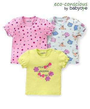 Babyoye Interlock 100% Cotton Knit  Half Sleeves T-Shirts with Polka Dot Animal Print & Floral Applique Pack of 3 - Multicolour