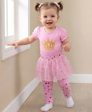 Babyoye 100% Cotton Interlock Half
                              Sleeves Onesie with Polka Dotted Skeggings
                              - Pink