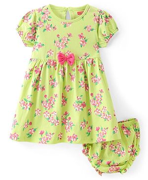 Babyhug Single Jersey Knit Floral Printed Frock with Bloomer & Bow Applique - Yellow