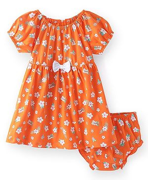 Babyhug Single Jersey Knit Puffed Sleeves Frock with Bloomer Floral Print & Bow Applique - Orange