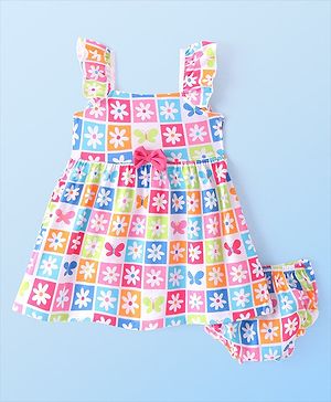 Babyhug Single Jersey Knit Frill Sleeves  Frock with Bloomer Floral Print - White