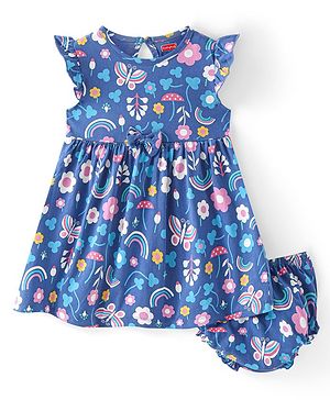 Babyhug Single Jersey Knit Frill Sleeves Frock with Bloomer & Bow Butterfly Print - Navy Blue