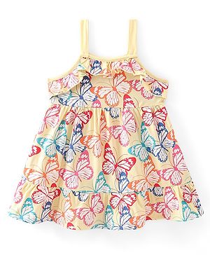 Babyhug Single Jersey Singlet A-Line Tiered Frock with Butterfly Print & Frill Detailing - Yellow