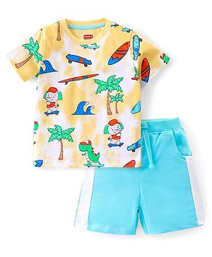 Babyhug 100% Cotton Knit Single Jersey Half Sleeves T-Shirt & Shorts With Dino Print - Yellow & Blue