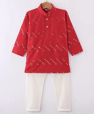 Ridokidz Full Sleeves Mirror Work Embellished Kurta With Pyjama Set - Red