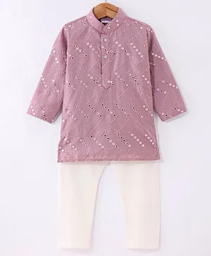 Ridokidz Full Sleeves Mirror Work Embellished Kurta With Pyjama Set - Purple