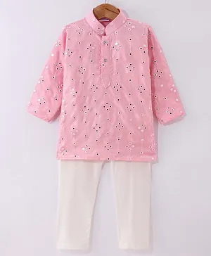 Ridokidz Full Sleeves Mirror Work Embellished Kurta With Pyjama Set - Baby Pink