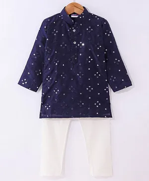 Ridokidz Full Sleeves Mirror Work Embellished Kurta With Pyjama Set - Navy Blue