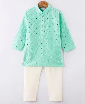 Ridokidz Full Sleeves Mirror Work Embellished Kurta With Pyjama Set - Light Pista Green
