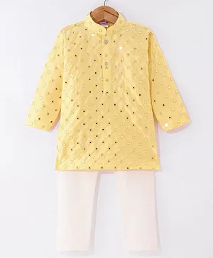Ridokidz Full Sleeves Mirror Work Embellished Kurta With Pyjama Set - Lemon Yellow