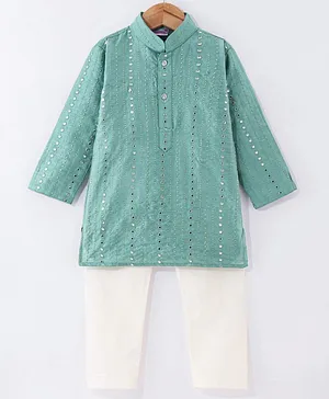Ridokidz Full Sleeves Mirror Work Embellished Kurta With Pyjama Set - Sea Green